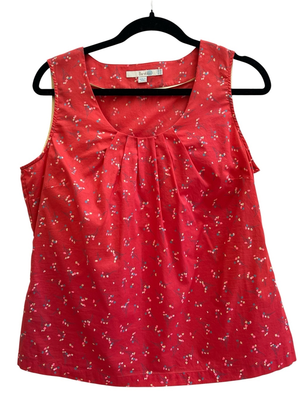 Boden Red Floral Sleeveless Cotton Pleated Tank Top Cottagecore Boho 10 Coastal